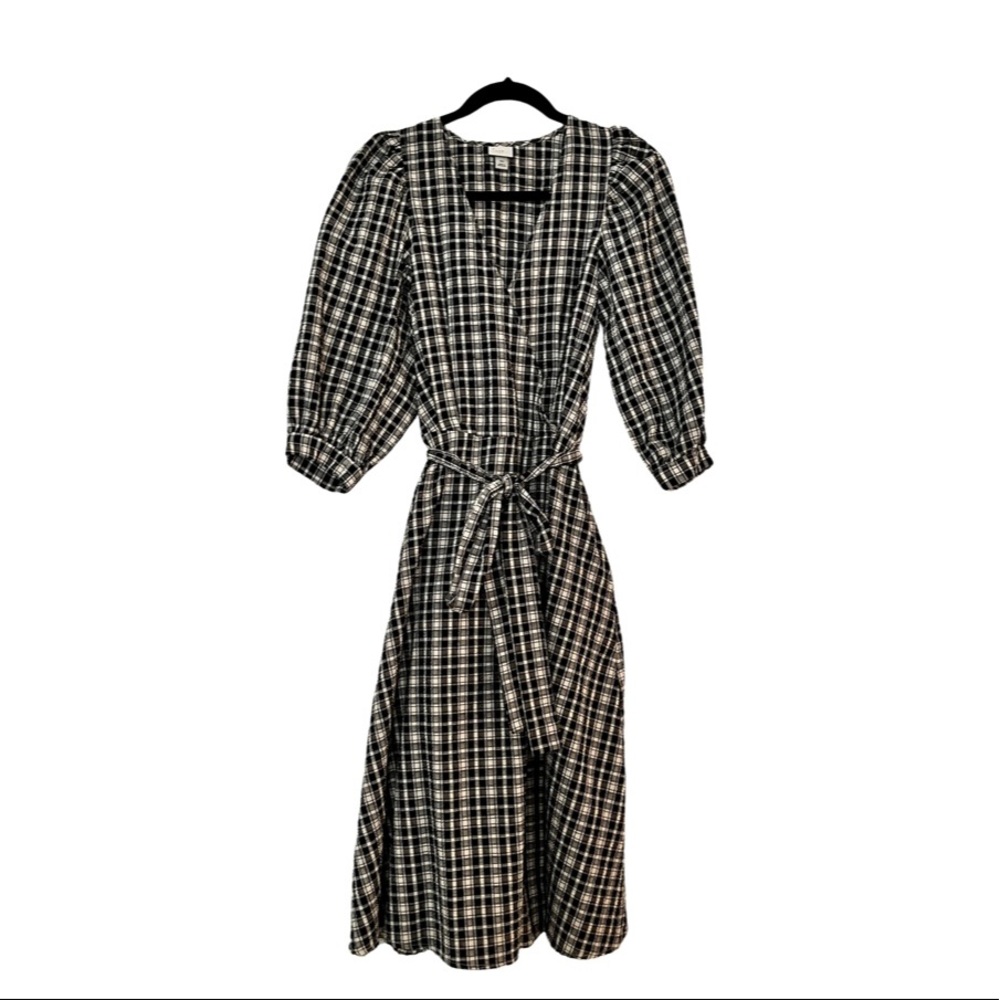 Target A New Day Women's Plaid 3/4 Puff Sleeve Wrap Dress Black/White